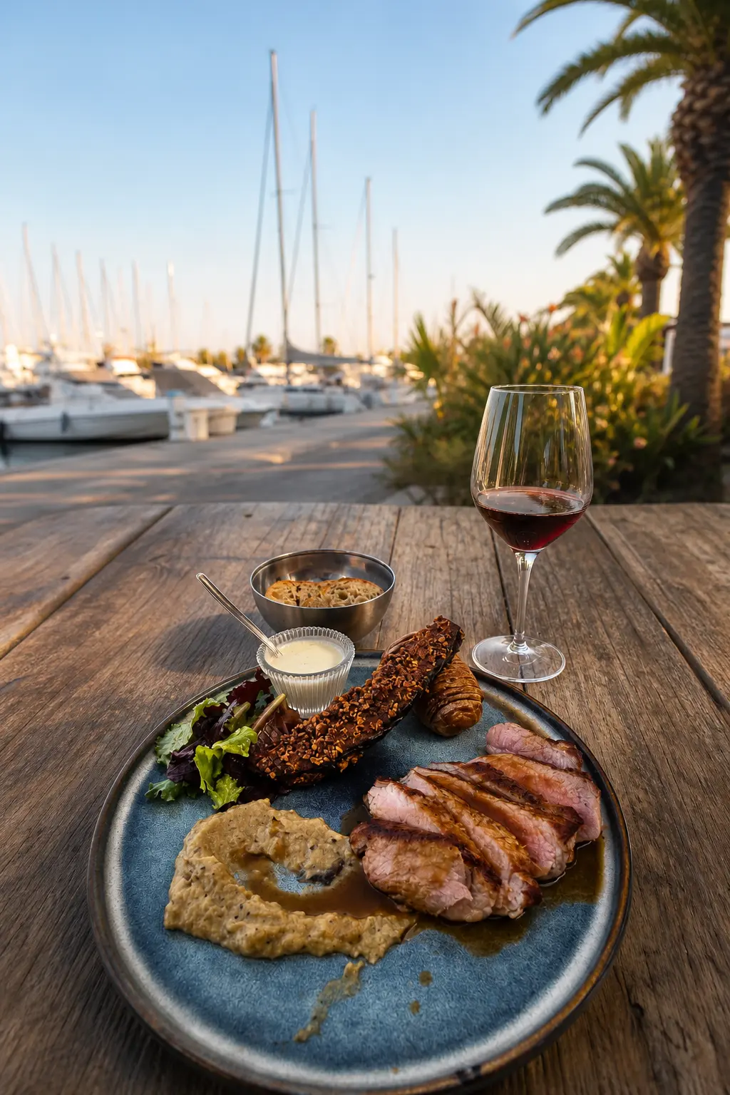 Assiette gastronomique avec viande et accompagnements en terrasse face à la marina
