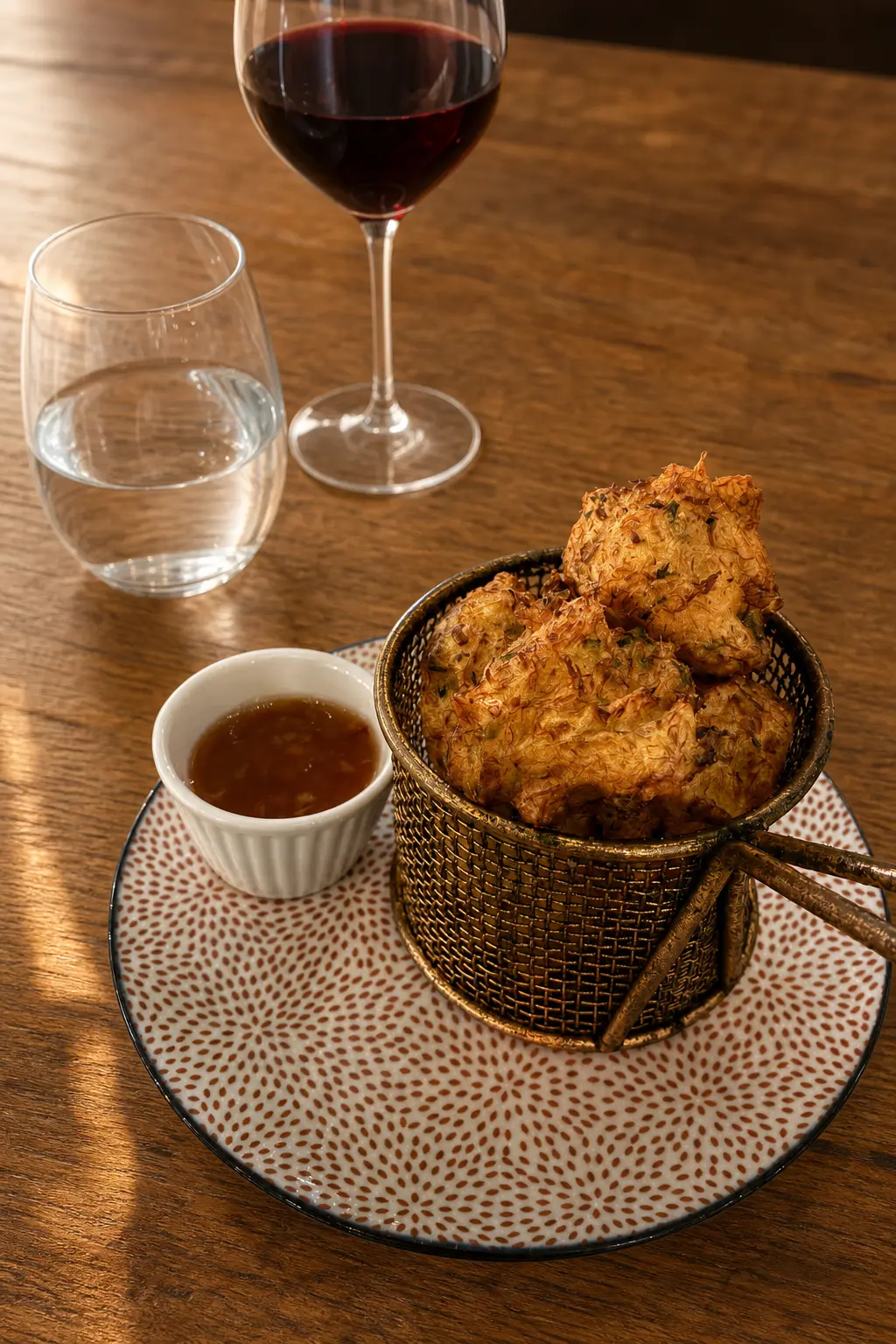 Panier de beignets croustillants avec sauce brune et verre de vin rouge